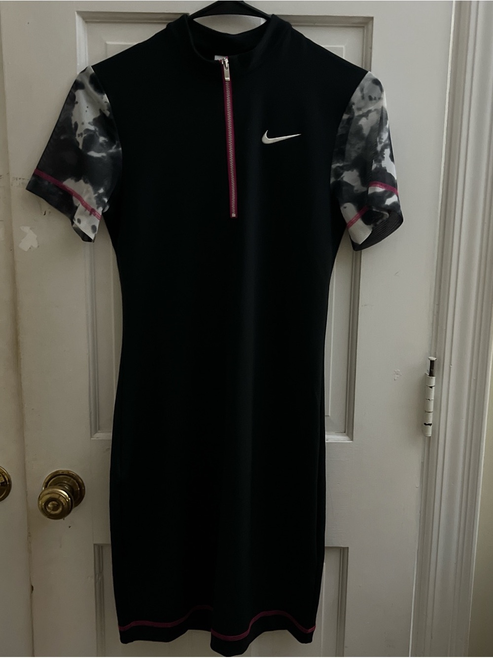 Nike Black Athletic Mini Dress with Marble Sleeves and Pink Zip